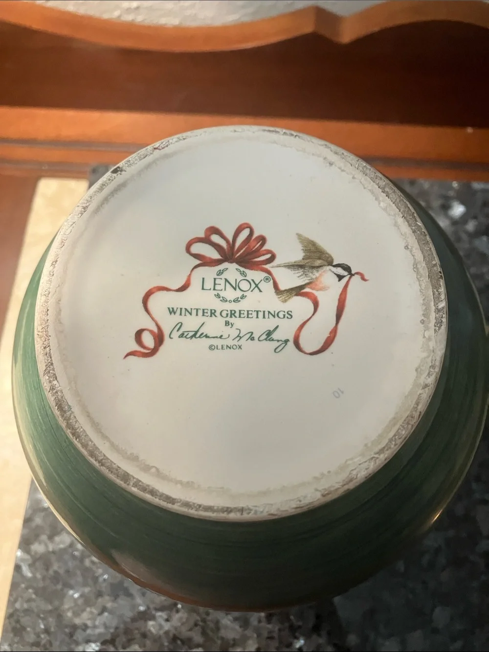Lenox Winter Greetings Green Pitcher with Yellow Bird Panel and Red Ribbon Detai